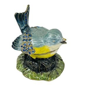 VTG Enameled Metal BLUE BIRD TRINKET BOX Crystal Rhinestone 3.2" Figurine Decor